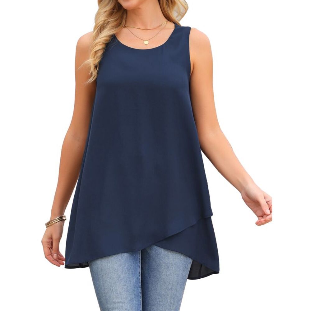 Women's High Low Top Sleeveless Chiffon Blouse Crewneck Summer Tops Dark Blue